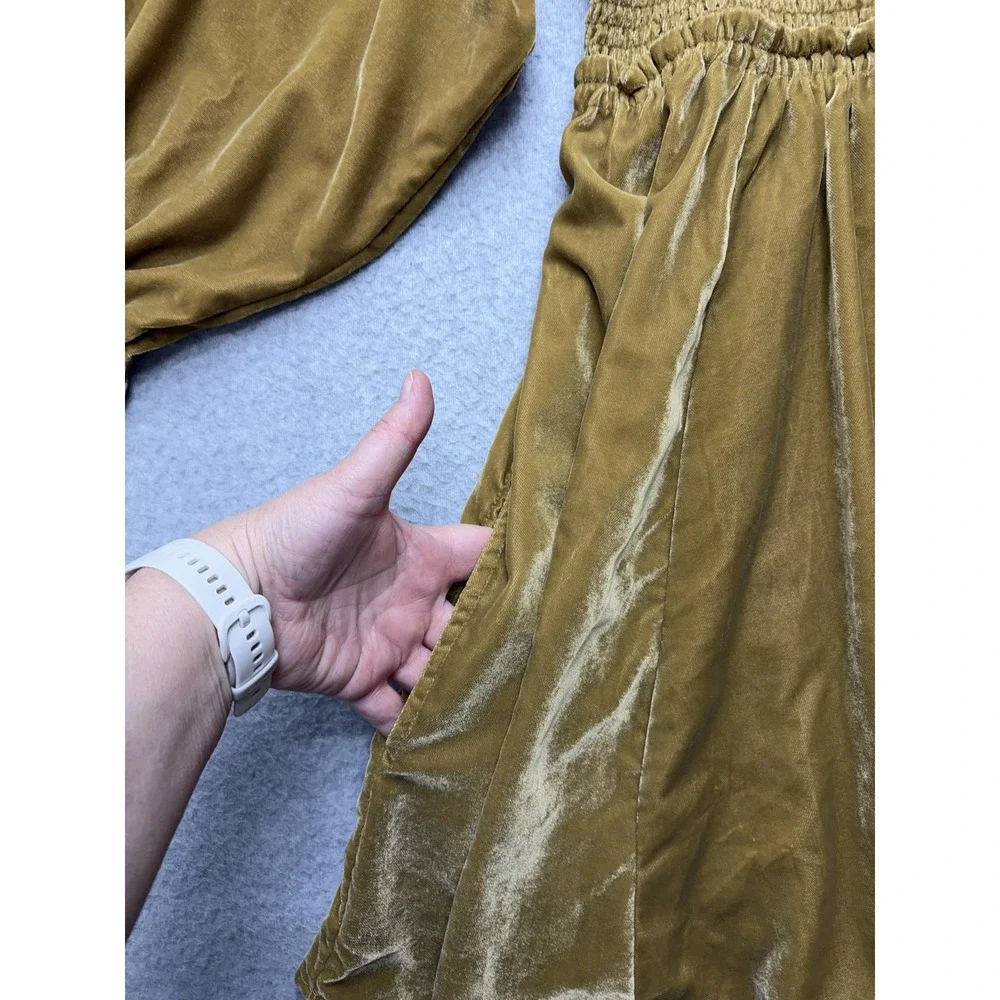 Free People Dress Womens Large Mustard Velvet Smocked Puff Sleeve Lace Up Back - Picture 6 of 15